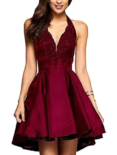 Women's Halter A-line Lace Applique High Low Satin Homecoming Dress Formal Gown with Pockets Plum22 Plus