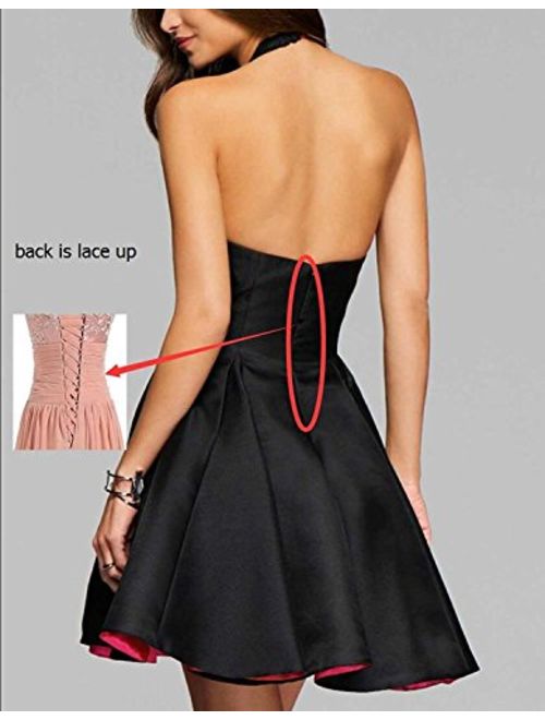 Women's V-Neck Halter Lace Applique Formal Evening Party Dress Hi-lo Satin Prom Dress with Pockets Dusty Rose8