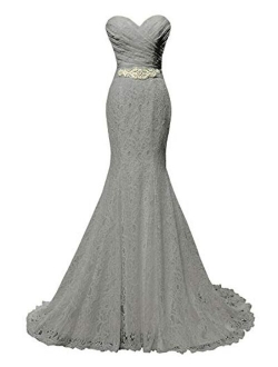 SOLOVEDRESS Women's Beaded Pleat Lace Wedding Dress Mermaid Bridal Gown with Sash