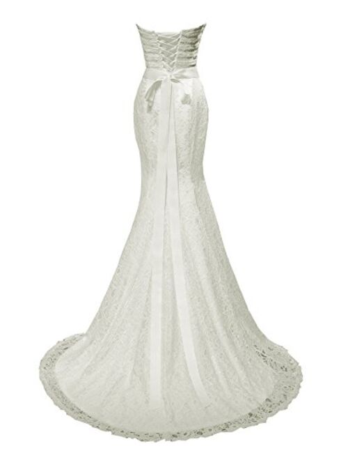 SOLOVEDRESS Women's Beaded Pleat Lace Wedding Dress Mermaid Bridal Gown with Sash