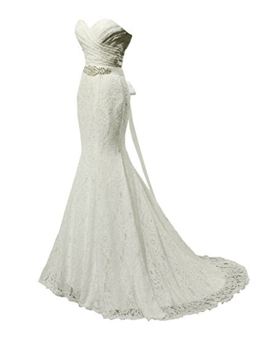 SOLOVEDRESS Women's Beaded Pleat Lace Wedding Dress Mermaid Bridal Gown with Sash