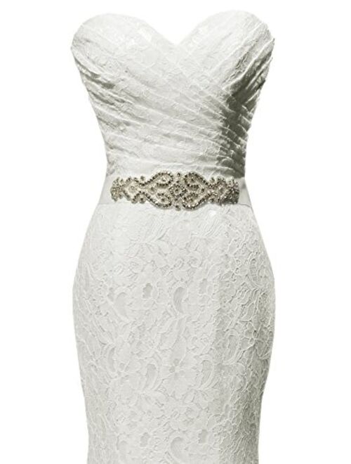 SOLOVEDRESS Women's Beaded Pleat Lace Wedding Dress Mermaid Bridal Gown with Sash