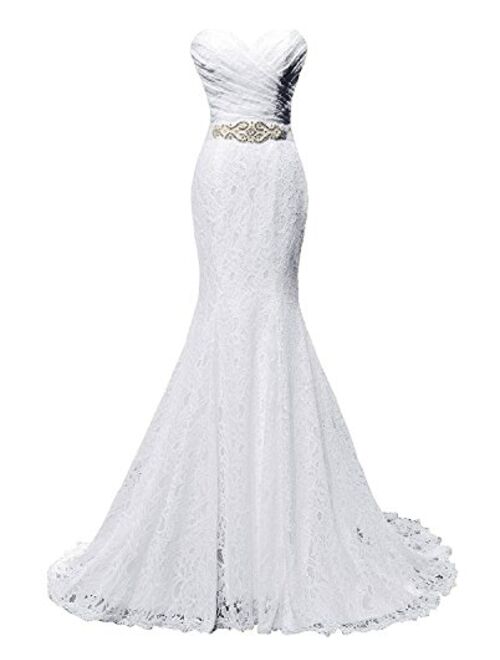 SOLOVEDRESS Women's Beaded Pleat Lace Wedding Dress Mermaid Bridal Gown with Sash