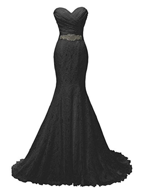 SOLOVEDRESS Women's Beaded Pleat Lace Wedding Dress Mermaid Bridal Gown with Sash