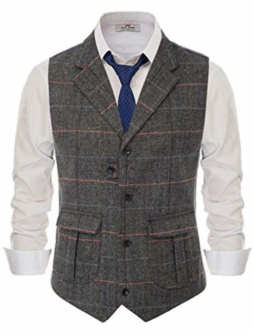 Paul Jones Mens Herringbone Tweed Waistcoat British Tailored Collar Suit Vest