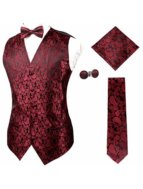 Alizeal Mens Classic 5pc Paisley Jacquard Suit Vest Set