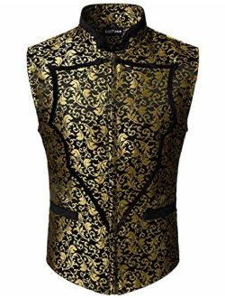 VATPAVE Mens Heart Shaped Classic Paisley Jacquard Waistcoat Zip Up Floral Vest