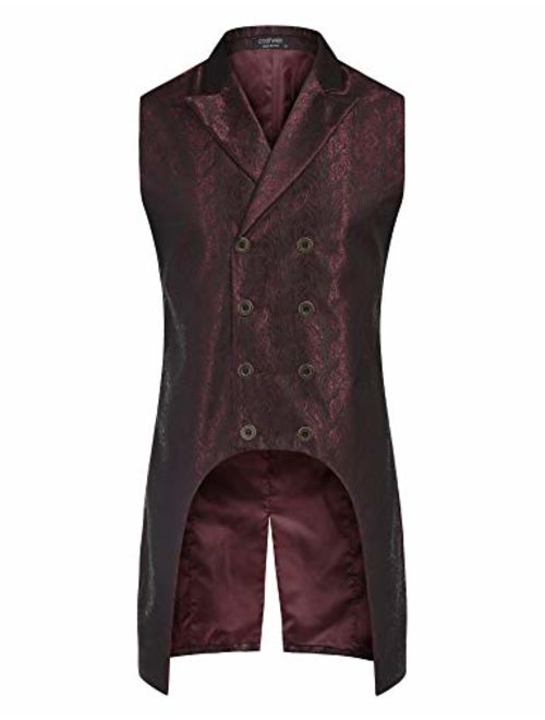 COOFANDY Men's Gothic Steampunk Vest Double Breasted Jacquard Brocade Vest Waistcoat Sleeveless Tailcoat