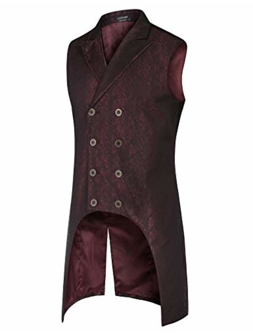 COOFANDY Men's Gothic Steampunk Vest Double Breasted Jacquard Brocade Vest Waistcoat Sleeveless Tailcoat