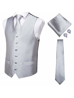 Hi-Tie Men's 4pc Waistcoat Vest Necktie Pocket Square Cufflinks Set for Suit or Tuxedo More Color for Choose