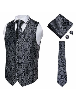 Hi-Tie Men's 4pc Waistcoat Vest Necktie Pocket Square Cufflinks Set for Suit or Tuxedo More Color for Choose