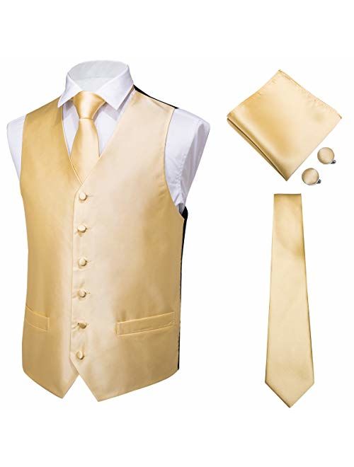 Hi-Tie Men's 4pc Waistcoat Vest Necktie Pocket Square Cufflinks Set for Suit or Tuxedo More Color for Choose