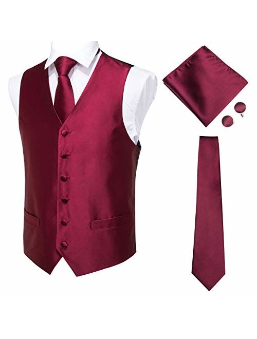 Hi-Tie Men's 4pc Waistcoat Vest Necktie Pocket Square Cufflinks Set for Suit or Tuxedo More Color for Choose