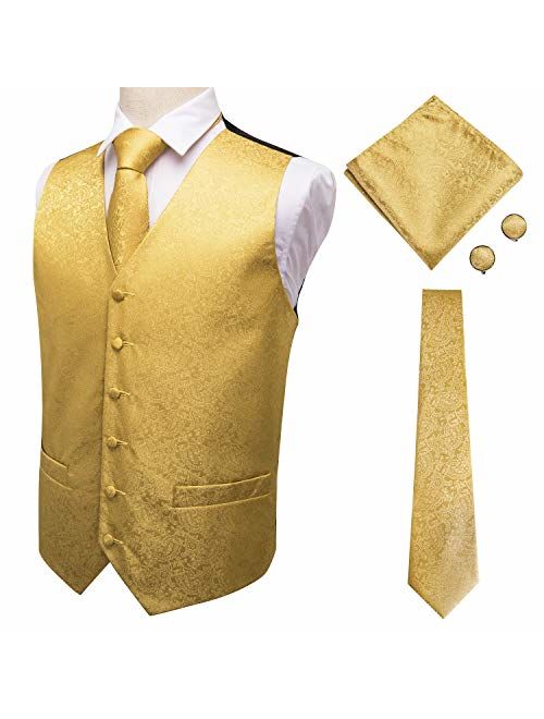 Hi-Tie Men's 4pc Waistcoat Vest Necktie Pocket Square Cufflinks Set for Suit or Tuxedo More Color for Choose