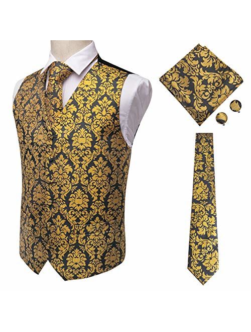 Hi-Tie Men's 4pc Waistcoat Vest Necktie Pocket Square Cufflinks Set for Suit or Tuxedo More Color for Choose