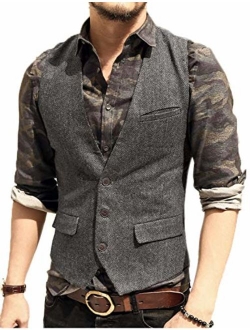 JYDress Men's Slim Fit Herringbone Tweed Suits Vest 3 Button Vest Waistcoat