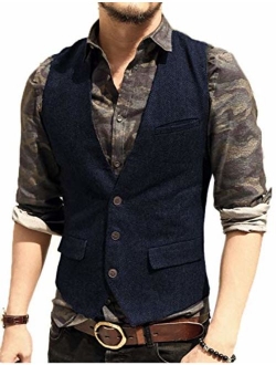 JYDress Men's Slim Fit Herringbone Tweed Suits Vest 3 Button Vest Waistcoat