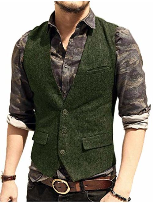 JYDress Men's Slim Fit Herringbone Tweed Suits Vest 3 Button Vest Waistcoat