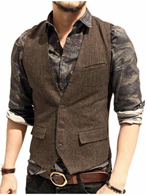 JYDress Men's Slim Fit Herringbone Tweed Suits Vest 3 Button Vest Waistcoat