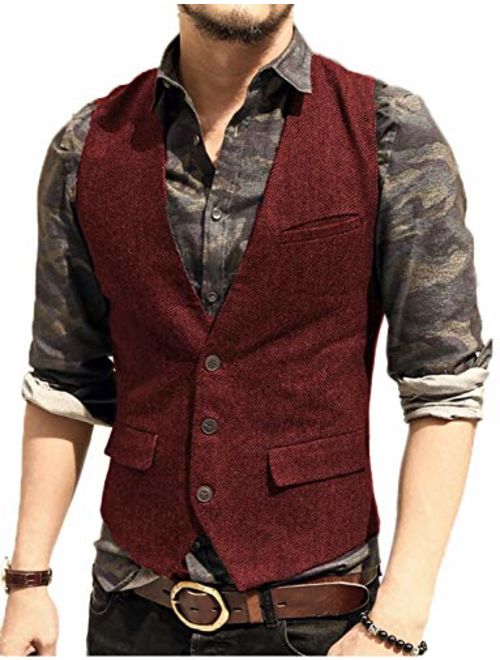 JYDress Men's Slim Fit Herringbone Tweed Suits Vest 3 Button Vest Waistcoat