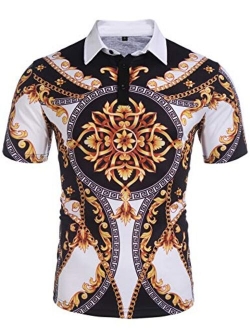 Daupanzees Men's Paisley Casual Short Sleeve Floral Print Jersey Polo Shirt