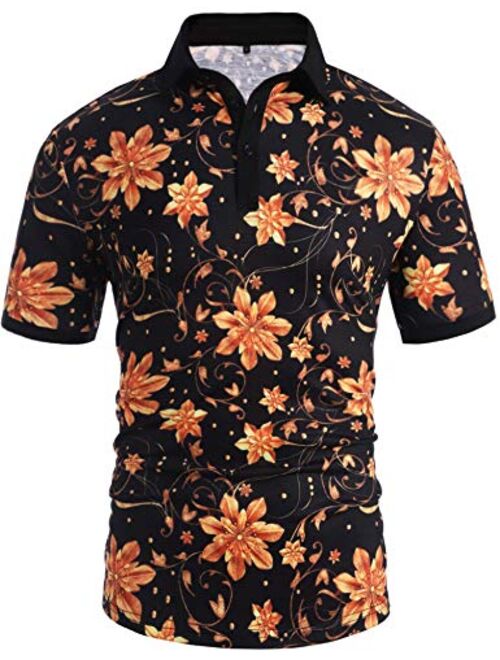 Daupanzees Men's Paisley Casual Short Sleeve Floral Print Jersey Polo Shirt