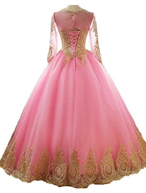 inmagicdress Women's Ball Gowns Gold Lace Appplique Dress Prom Dress 18 Plus Pearl Pink