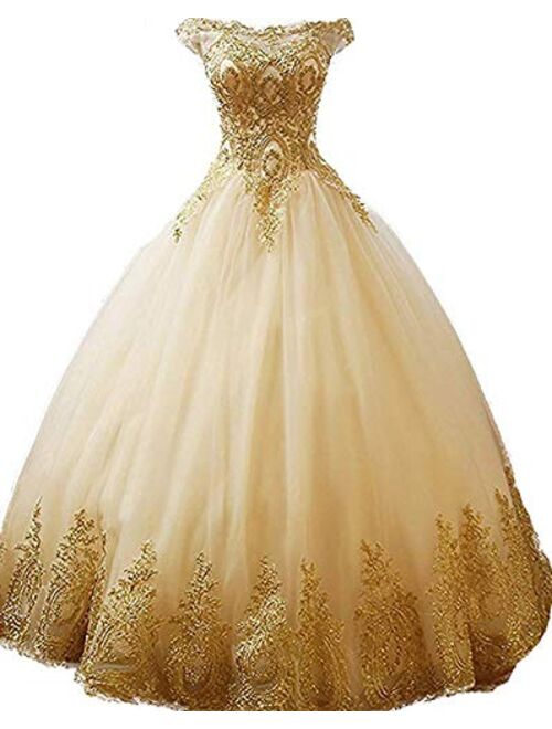 inmagicdress Women's Ball Gowns Gold Lace Appplique Dress