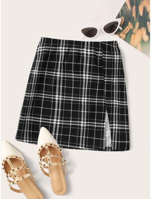 Shein Split Hem Plaid Skirt