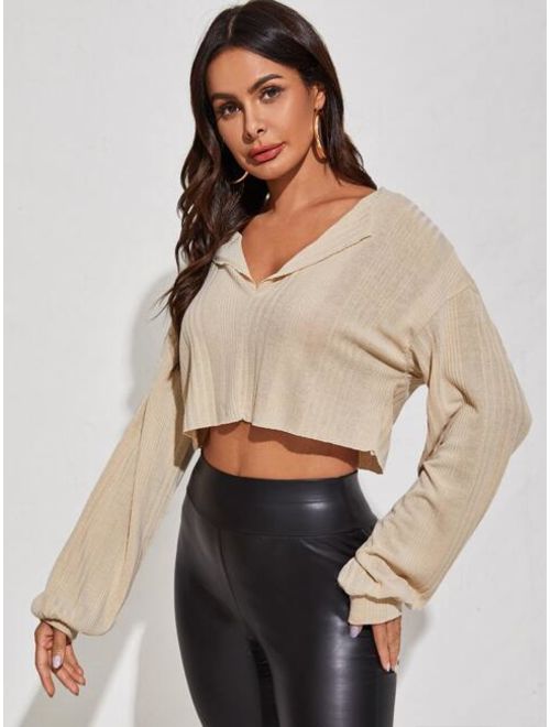 Shein Rib-knit Lantern Sleeve Crop Tee