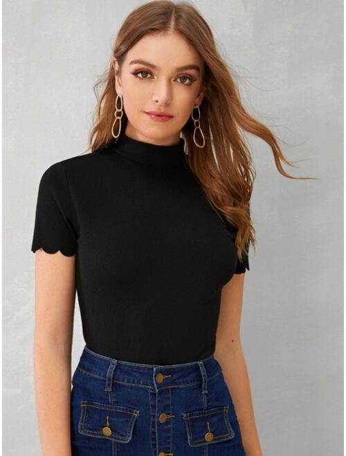 Shein Mock-neck Scallop Edge Rib-knit Top