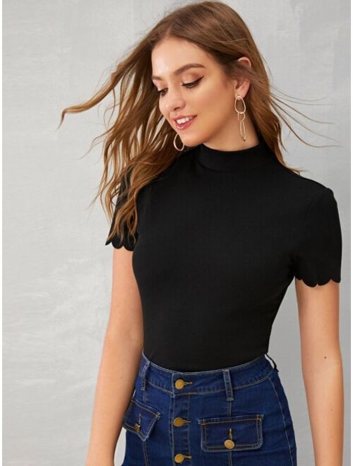 Shein Mock-neck Scallop Edge Rib-knit Top