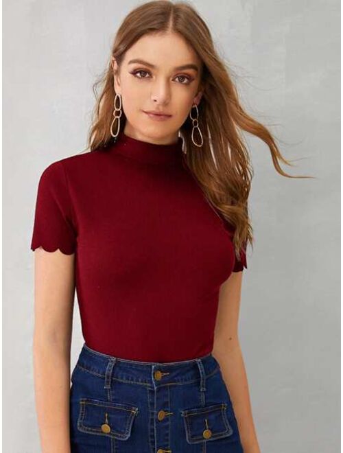 Shein Mock-neck Scallop Edge Rib-knit Top