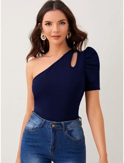 One Shoulder Cut-out Puff Sleeve Tee