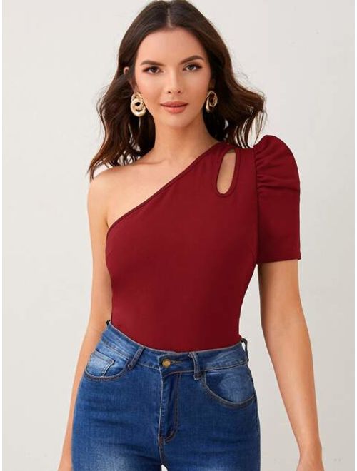 Shein One Shoulder Cut-out Puff Sleeve Tee