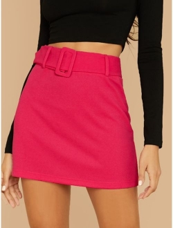 Buckle Belted Solid Skirt