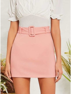 Buckle Belted Solid Skirt