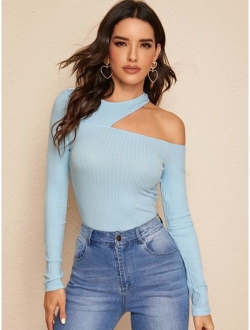 Asymmetric Cutout Neck Ribbed T-shirt