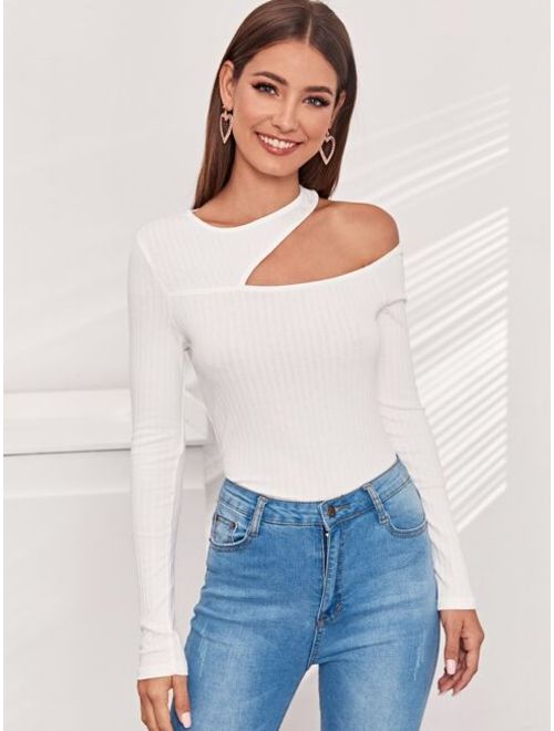 Shein Asymmetric Cutout Neck Ribbed T-shirt