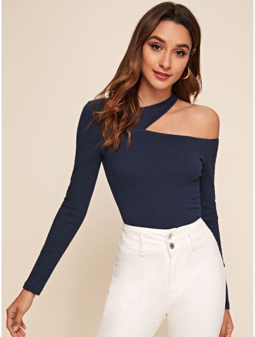 Shein Asymmetric Cutout Neck Ribbed T-shirt