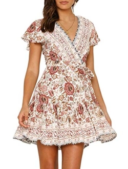 Womens Summer Wrap V Neck Bohemian Floral Print Ruffle Swing A Line Beach Mini Dress