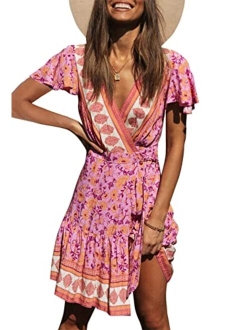 Womens Summer Wrap V Neck Bohemian Floral Print Ruffle Swing A Line Beach Mini Dress