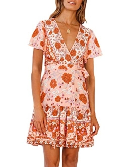 Womens Summer Wrap V Neck Bohemian Floral Print Ruffle Swing A Line Beach Mini Dress