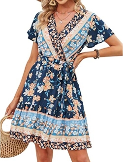 Womens Summer Wrap V Neck Bohemian Floral Print Ruffle Swing A Line Beach Mini Dress