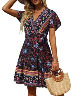 Womens Summer Wrap V Neck Bohemian Floral Print Ruffle Swing A Line Beach Mini Dress