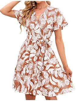 Womens Summer Wrap V Neck Bohemian Floral Print Ruffle Swing A Line Beach Mini Dress