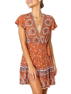 Womens Summer Wrap V Neck Bohemian Floral Print Ruffle Swing A Line Beach Mini Dress