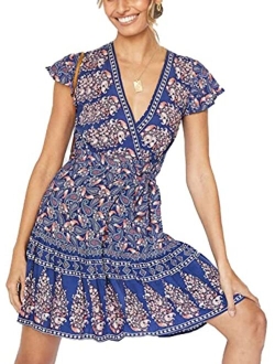 Womens Summer Wrap V Neck Bohemian Floral Print Ruffle Swing A Line Beach Mini Dress