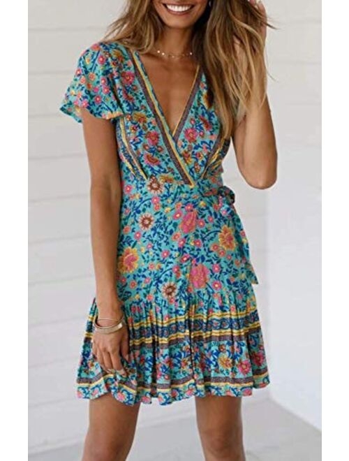 ZESICA Womens Summer Wrap V Neck Bohemian Floral Print Ruffle Swing A Line Beach Mini Dress