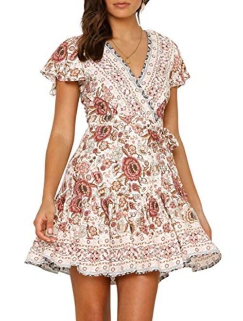 ZESICA Womens Summer Wrap V Neck Bohemian Floral Print Ruffle Swing A Line Beach Mini Dress